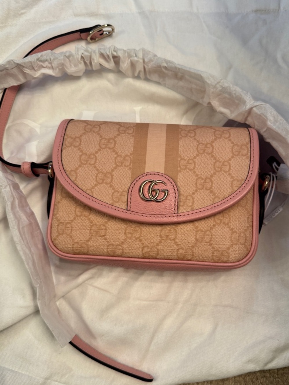 Gucci Pink Beige GG Supreme Crossbody with Gold Double G